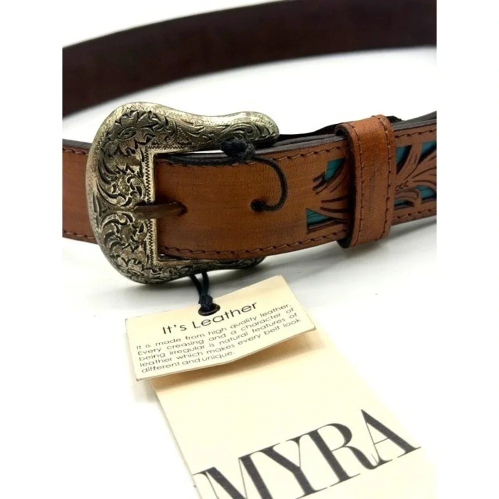 Myra Astute S-4056 Brown Leather Turquoise Floral Cutout‎ Western Belt Small NEW